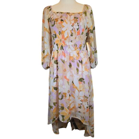 Luxology Womens M Chiffon High-Low Maxi Dress Pink‎ Floral Smocked Cottage Boho - Picture 1 of 7
